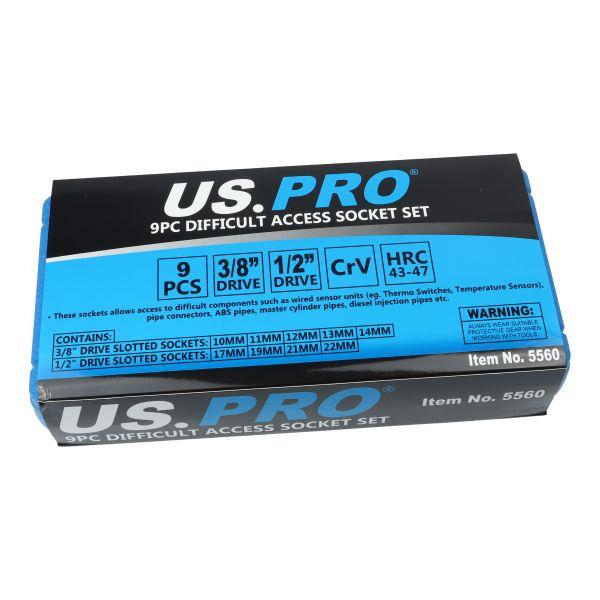 US PRO Tools 9pc Difficult Access Slotted Socket Set 10 - 22mm 3/8" & 1/2" Drive 5560
