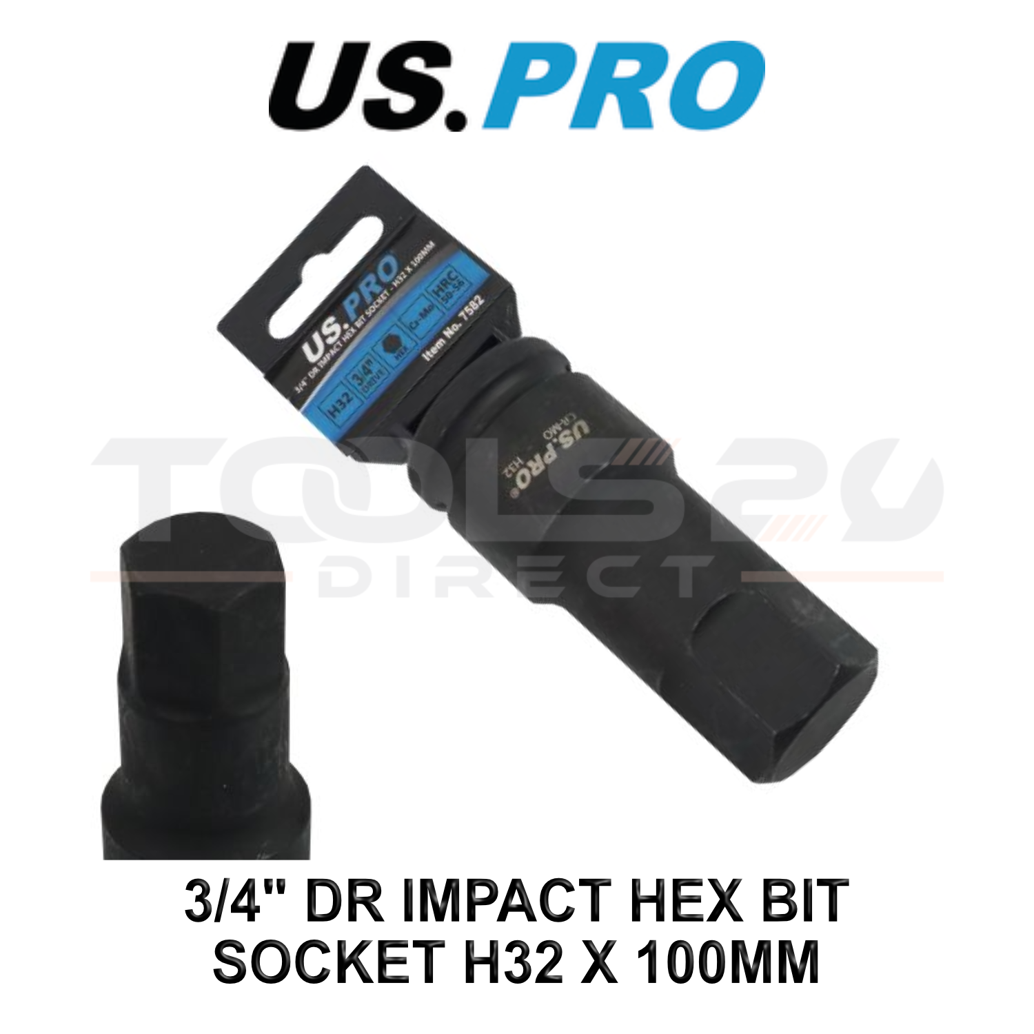 US PRO Tools 3/4" Dr Impact Hex Bit Socket H32 x 100mm CR-MO 7582