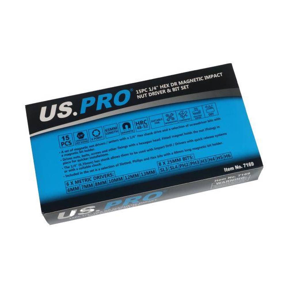 US PRO Tools 15pc 1/4" Hex Dr Magnetic Impact Nut Driver & Bit Set Metric 7169