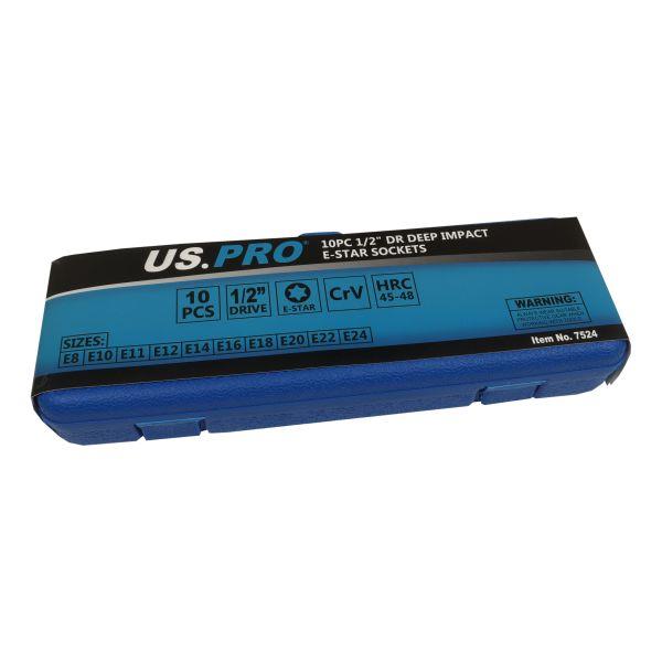 US PRO Tools 10pc 1/2" DR Deep Impact E Star Torx Sockets E8 - E24 7524
