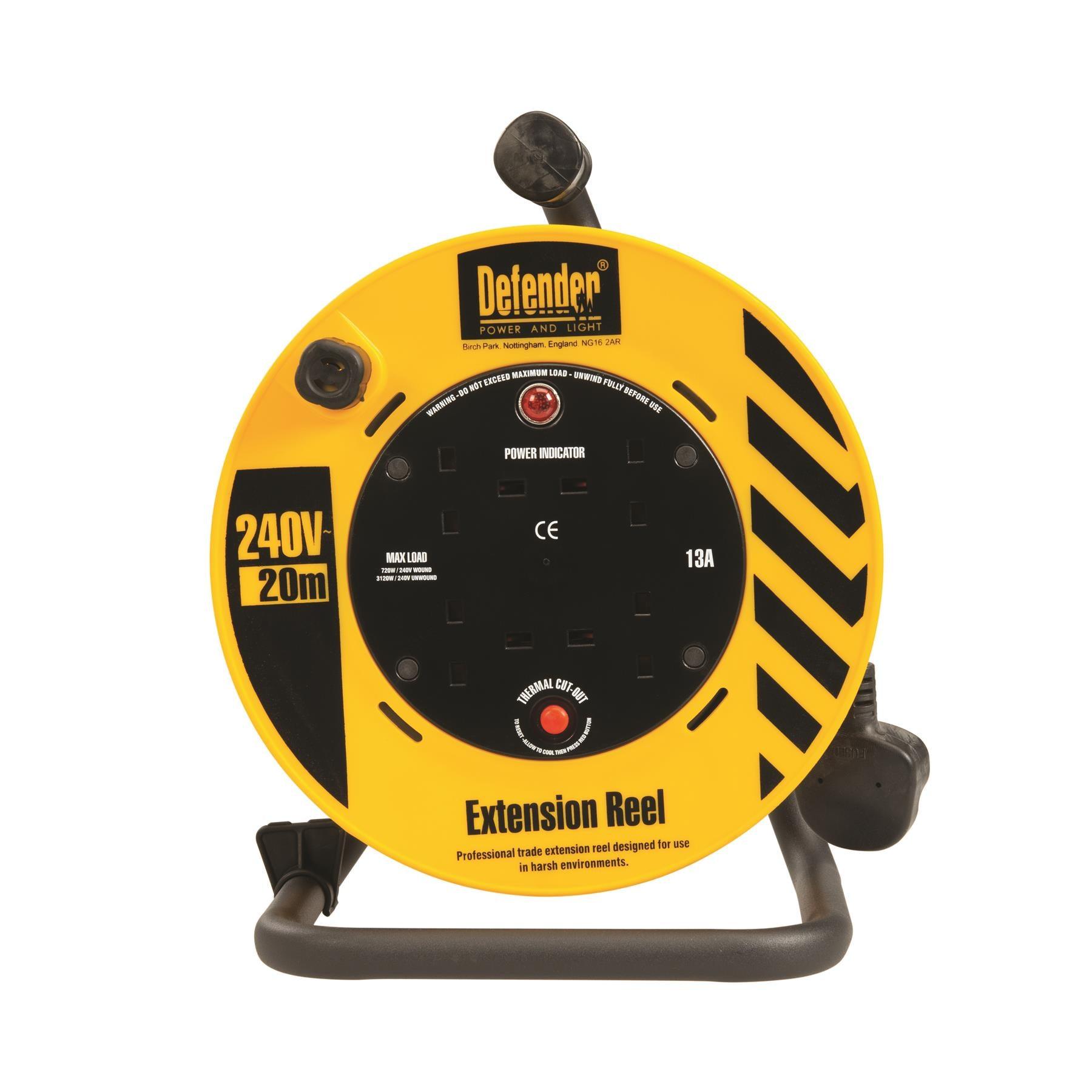 Defender Cable Reel Extension Lead 240V 4 Gang 20 Meters - E86465 - Tools 2U Direct SW