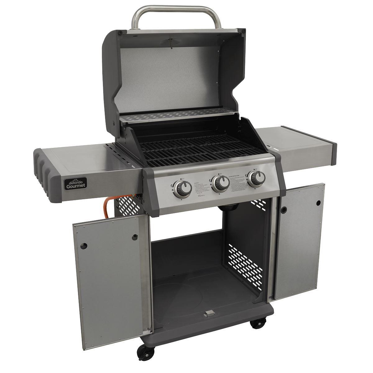 Dellonda 3 Burner Deluxe Gas BBQ Grill with Piezo Ignition & Wheels - Stainless Steel DG16 - Tools 2U Direct SW