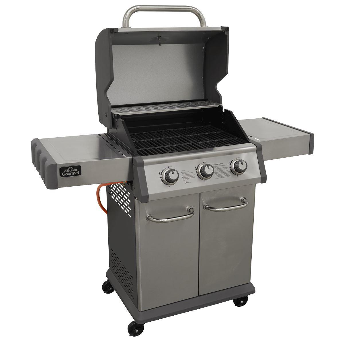Dellonda 3 Burner Deluxe Gas BBQ Grill with Piezo Ignition & Wheels - Stainless Steel DG16 - Tools 2U Direct SW