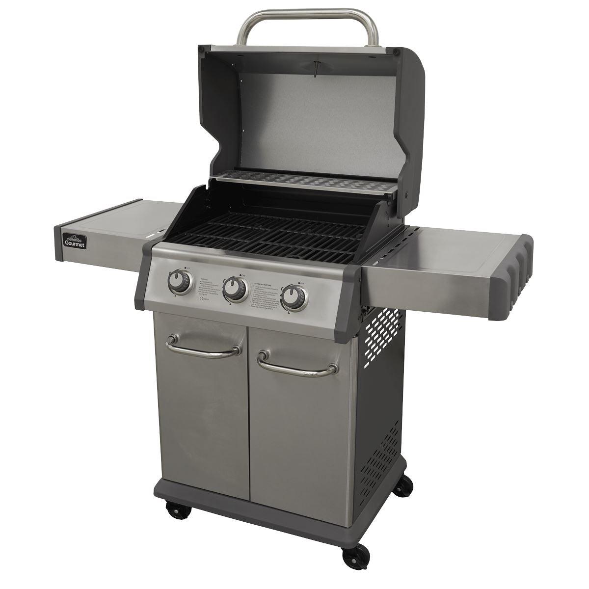 Dellonda 3 Burner Deluxe Gas BBQ Grill with Piezo Ignition & Wheels - Stainless Steel DG16 - Tools 2U Direct SW