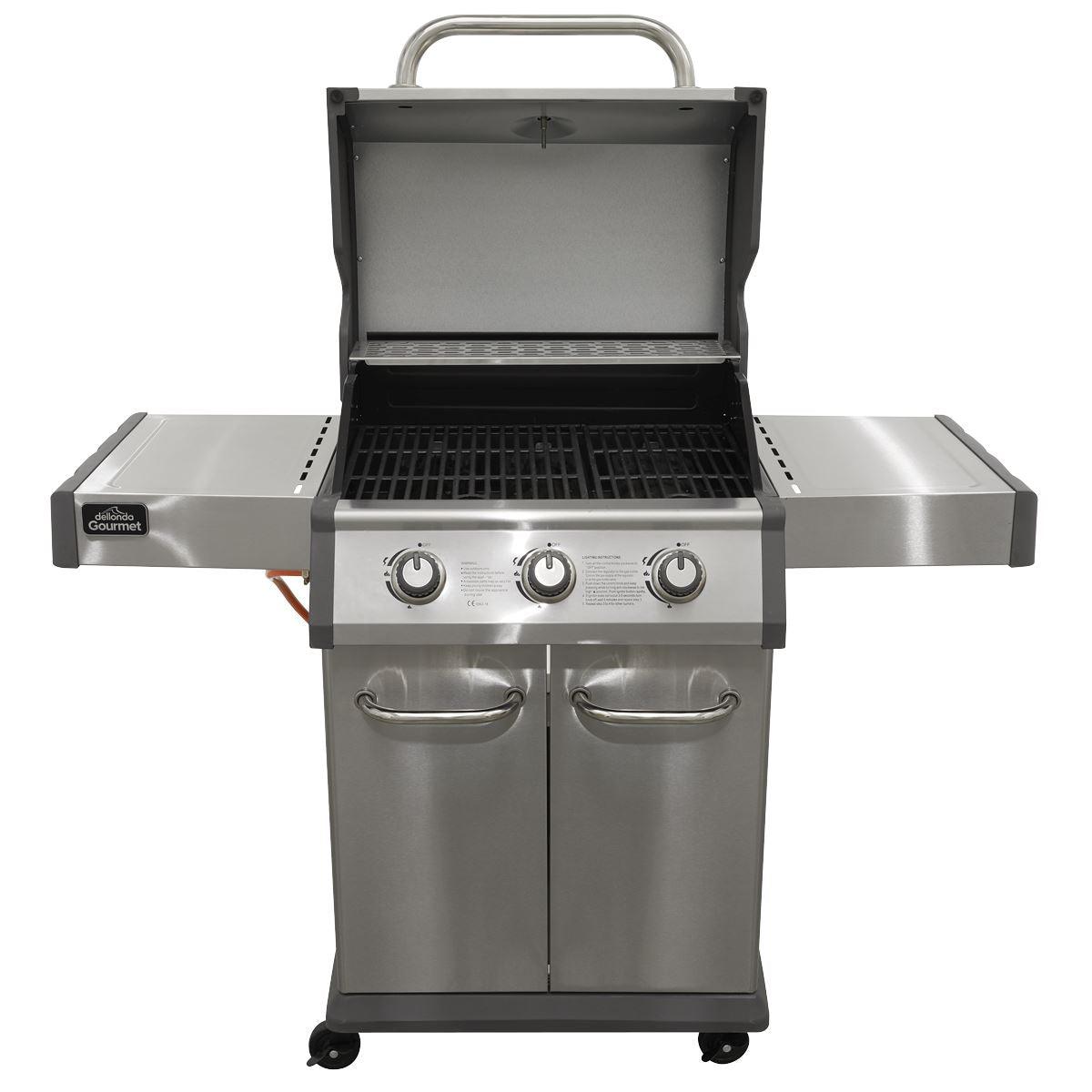 Dellonda 3 Burner Deluxe Gas BBQ Grill with Piezo Ignition & Wheels - Stainless Steel DG16 - Tools 2U Direct SW