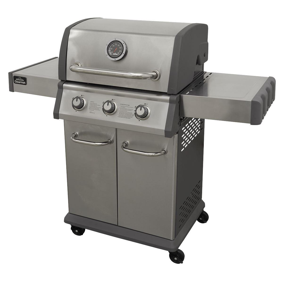 Dellonda 3 Burner Deluxe Gas BBQ Grill with Piezo Ignition & Wheels - Stainless Steel DG16 - Tools 2U Direct SW