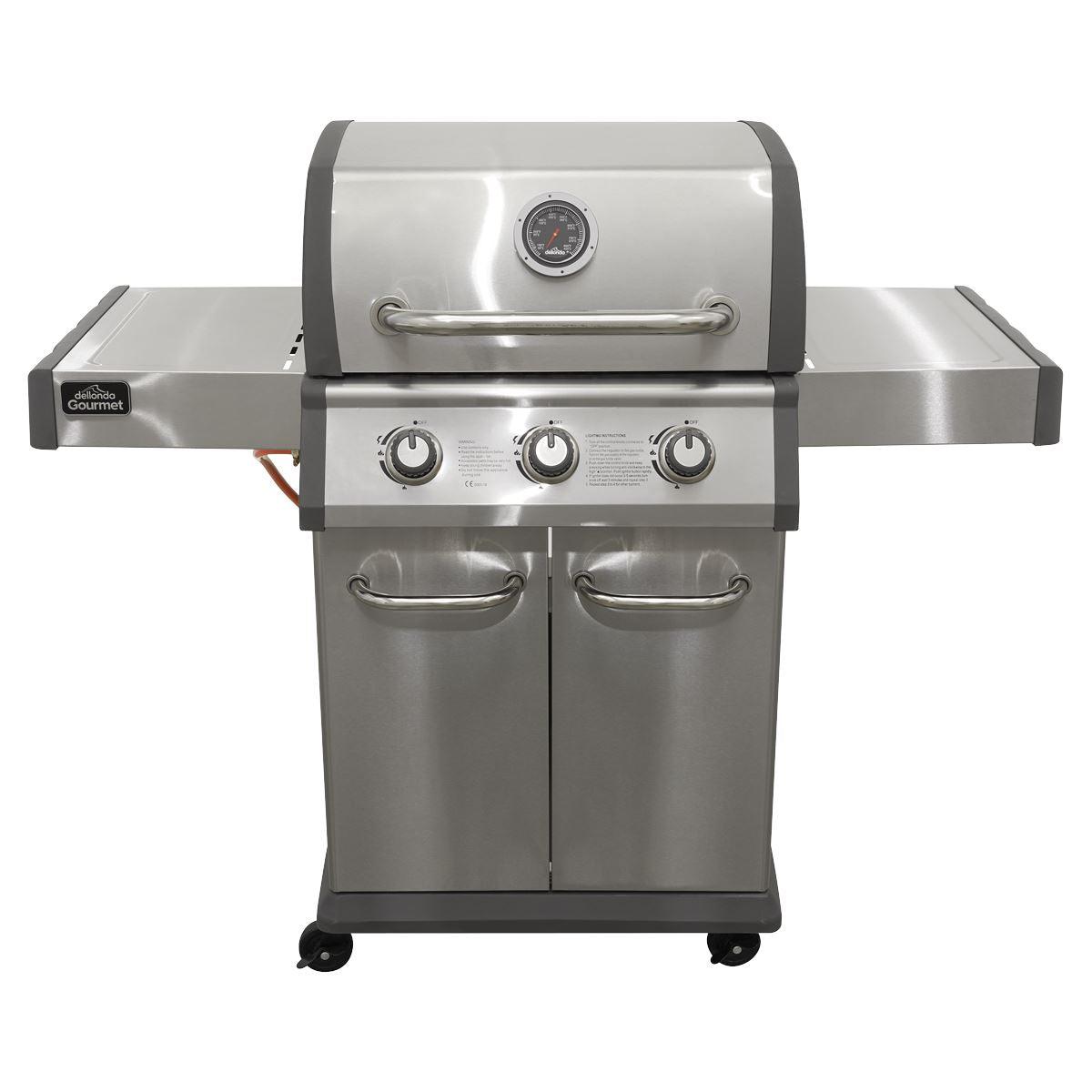 Dellonda 3 Burner Deluxe Gas BBQ Grill with Piezo Ignition & Wheels - Stainless Steel DG16 - Tools 2U Direct SW