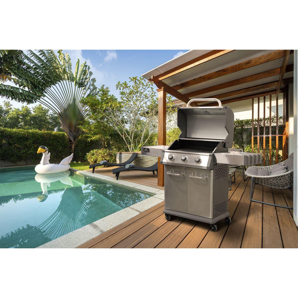 Dellonda 3 Burner Deluxe Gas BBQ Grill with Piezo Ignition & Wheels - Stainless Steel DG16 - Tools 2U Direct SW