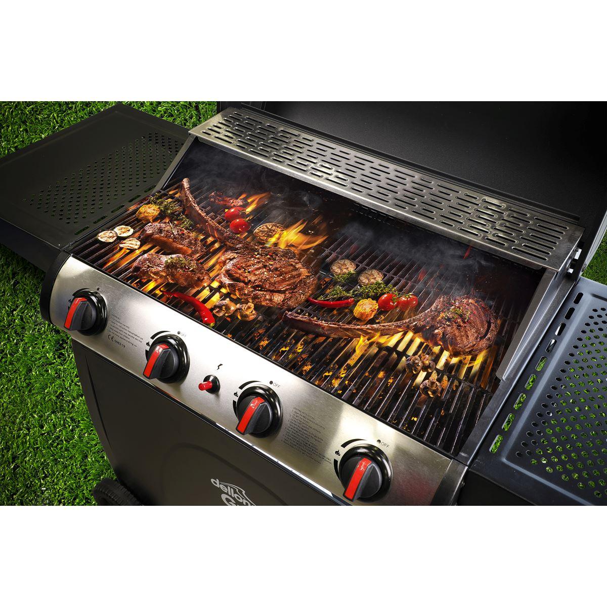 Dellonda 4 Burner Gas BBQ Grill, Ignition, Thermometer, Black/Stainless Steel DG15 - Tools 2U Direct SW