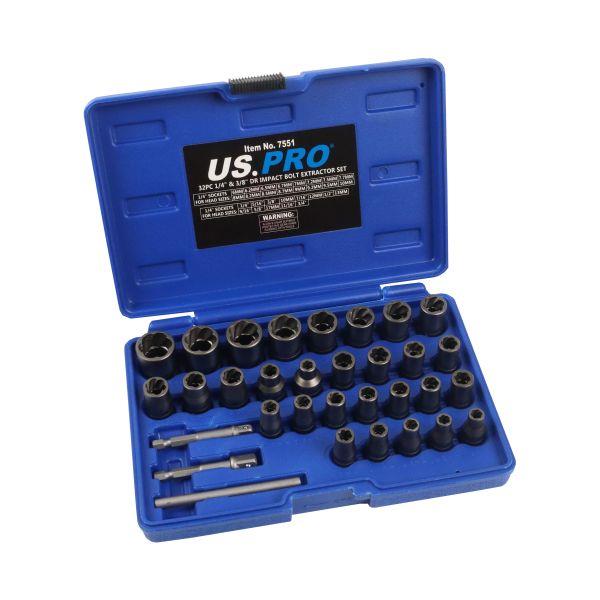 US PRO Tools 32pc 1/4" & 3/8" Dr Impact Bolt Extractor Set Easy Outs 7551