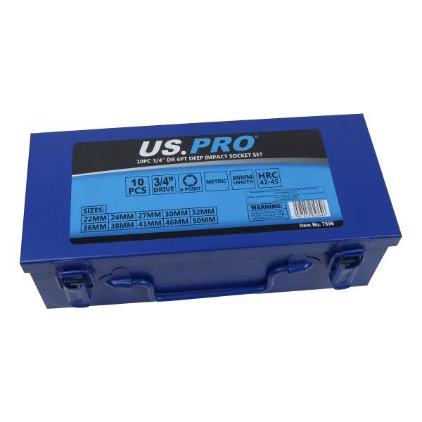 US PRO Tools 10pc 3/4" Dr 6pt Deep Impact Socket Set 22-50mm 7596