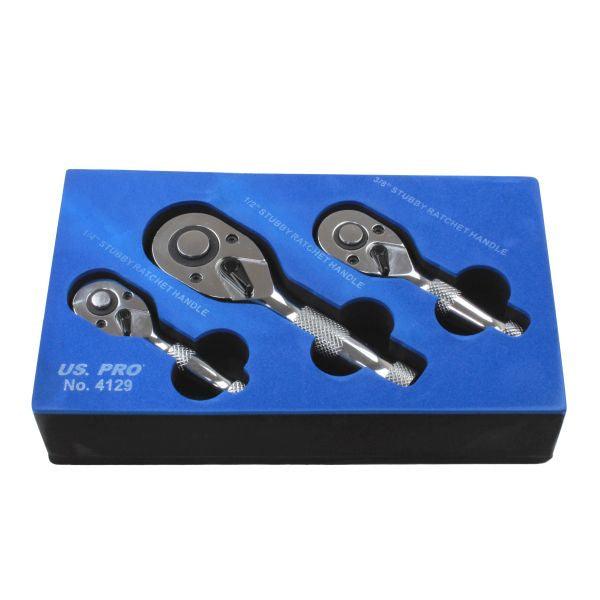 US PRO 3pc STUBBY RATCHET HANDLE SET 1/4 - 3/8 & 1/2"dr B4129 - Tools 2U Direct SW