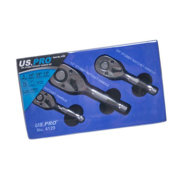 US PRO 3pc STUBBY RATCHET HANDLE SET 1/4 - 3/8 & 1/2"dr B4129 - Tools 2U Direct SW