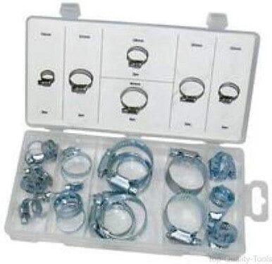 Assorted hose pipe clamps set in plastic case, 16mm to 40mm, organized compartments