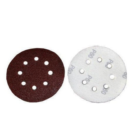 125mm mixed grit hook and loop sanding discs with 8 holes, front and back view
