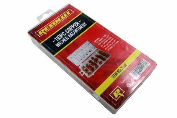 110 piece copper washer assortment box with organized washers, clear case and red label