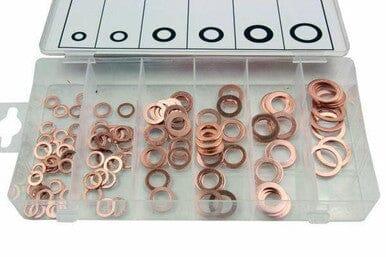 Copper washer assortment set in a clear plastic storage box with labeled compartments