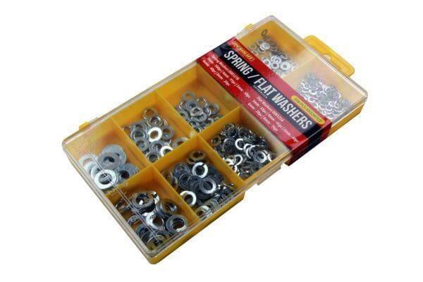 Assorted spring and flat washers 500-piece set in a yellow storage box.