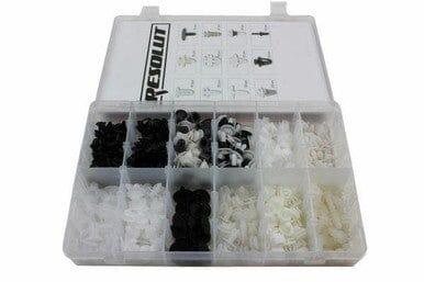 Assorted Citroen Peugeot trim clips set in plastic organizer box, 345 pieces, white and black