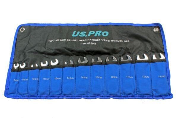 12-piece metric stubby gear ratchet spanner set in blue pouch, sizes 8mm to 19mm