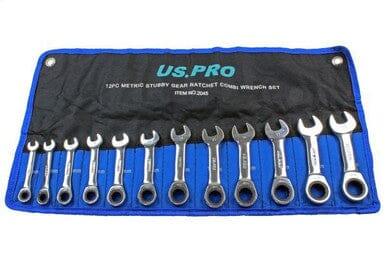 12-piece metric stubby gear ratchet spanner set in roll pouch, sizes 8-19mm displayed