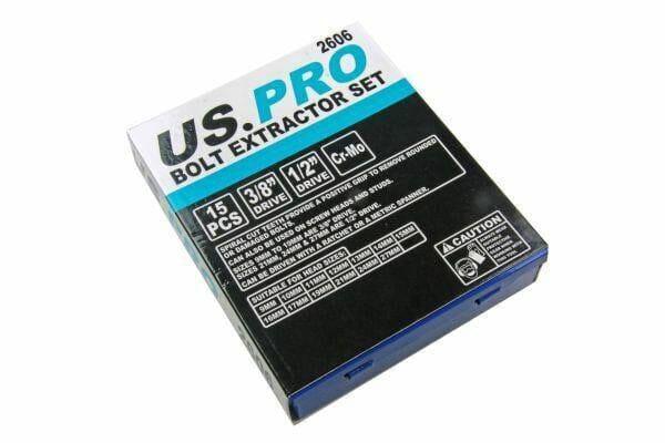 US PRO 15 Piece Bolt Nut Extractor Twist Set 3/8'' & 1/2'' Drive 2606 - Tools 2U Direct SW