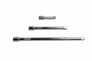 Three-piece socket extension bar set in different lengths, chrome finish, on white background