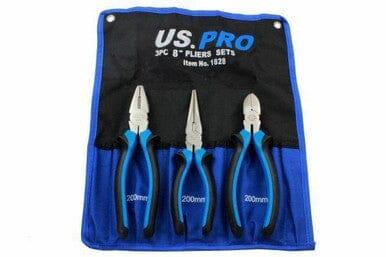 US PRO 3pc 8" Plier Set NI-FE Finish - Combination, Cutters, Long Nose 1828 - Tools 2U Direct SW