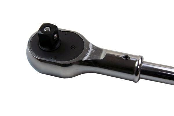 Close-up of a chrome quick-release ratchet handle with a 3/4-inch drive head on white background.