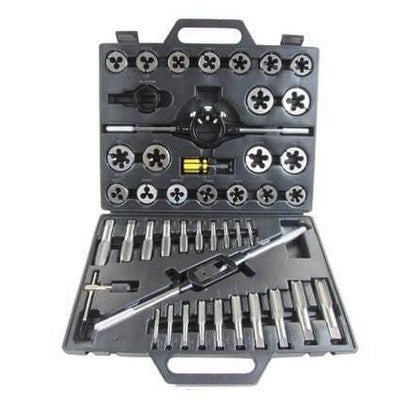 45 piece metric tap and die set in black plastic case, organized for threading tools