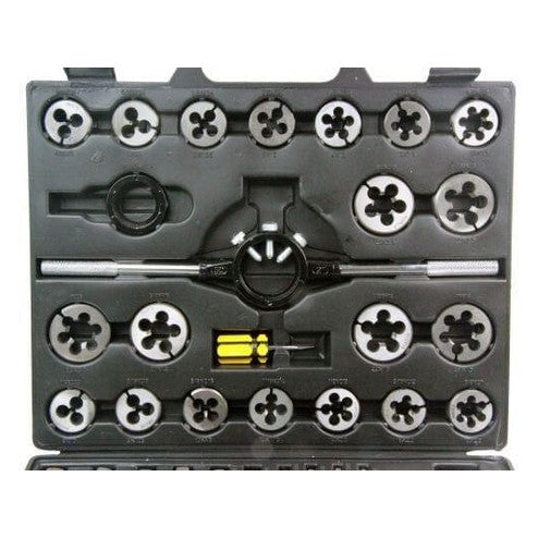 Metric tap and die set in hard case with various threading tools and screwdriver