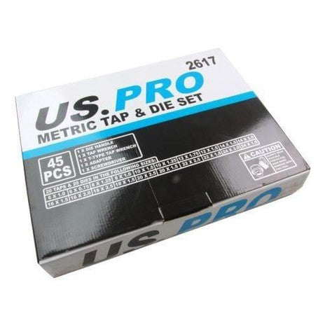 45 piece metric tap and die set in black and blue box, labeled US PRO 2617