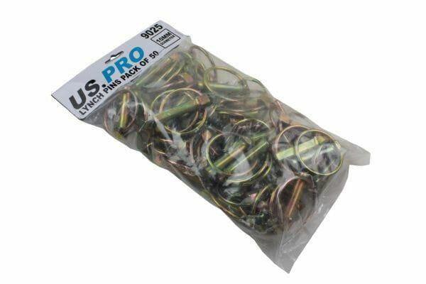 Clear plastic bag containing 50 metal lynch pins with ring clips, size 10mm