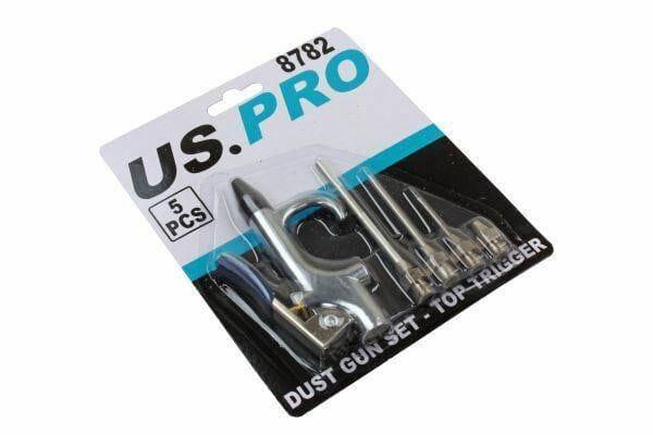 5 piece dust gun set with top-mounted triggers in retail packaging, silver metal tools visible