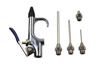 5 piece dust gun set with metal air blow gun and four interchangeable nozzles on white background