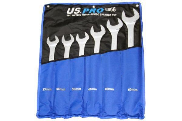 Six-piece jumbo combination spanner set in blue roll pouch, sizes 33mm to 50mm visible.