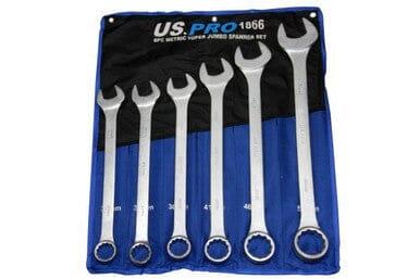 Six-piece jumbo combination spanner set in roll-up pouch with sizes 33-50mm visible.