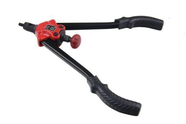 Long arm threaded nut riveter tool with red handle and black grips on white background