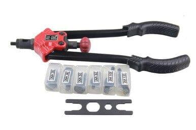 Long arm nut riveter tool with black handles, red head, and multiple nut sets on white background