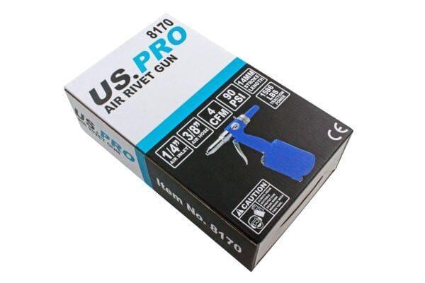 US PRO air rivet gun 8170 in retail packaging with specifications on box