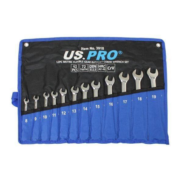 US PRO Tools 12pc Metric Flexible Gear Ratchet Combi Wrench Set 8 - 19mm 3918 - Tools 2U Direct SW