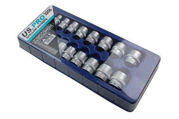 17-piece shallow socket set in tray, chrome finish, assorted metric sizes