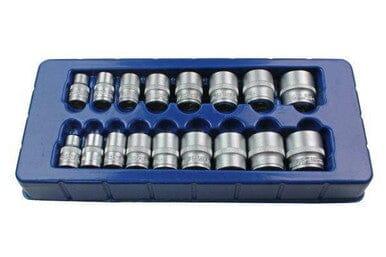 17-piece shallow socket set in blue tray, various sizes, chrome satin finish