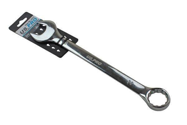 30mm polished chrome combination spanner with open and ring ends on retail packaging