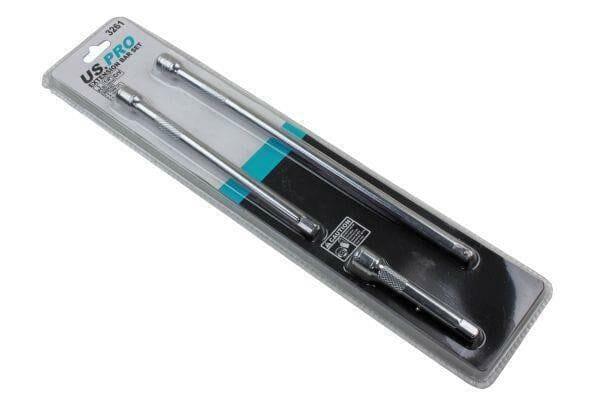 Three-piece socket extension bar set in retail packaging with chrome finish, assorted lengths.