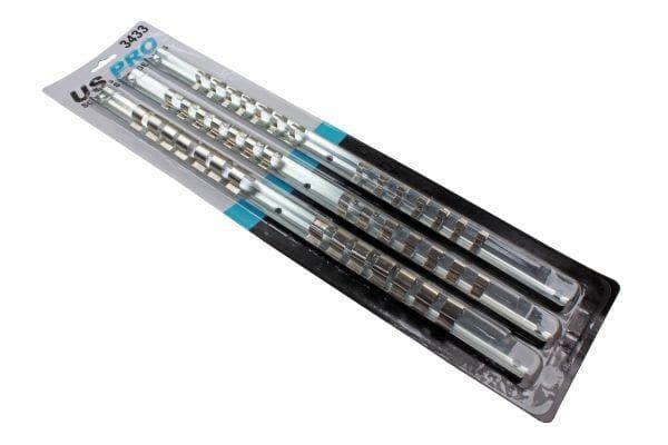 Six-piece socket storage rail set with 84 clips in retail packaging