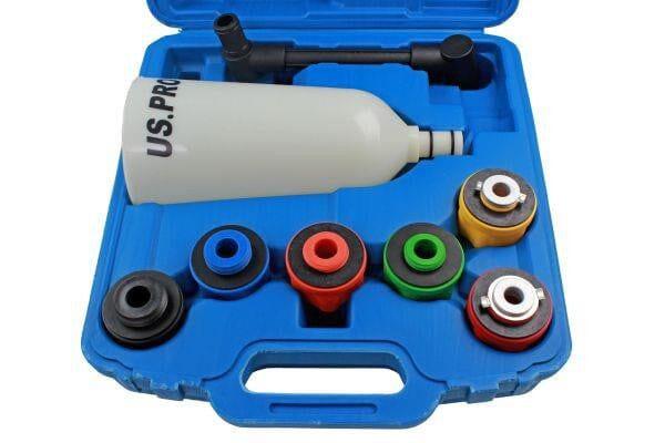 Engine oil funnel and adaptor set with color-coded caps in blue plastic case