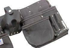 Heavy duty oil-tanned leather tool belt with multiple pockets and metal hammer holder