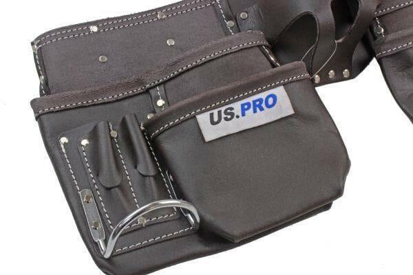 Heavy-duty leather tool belt with multiple pockets and metal loops, oil-tanned finish, US.PRO label