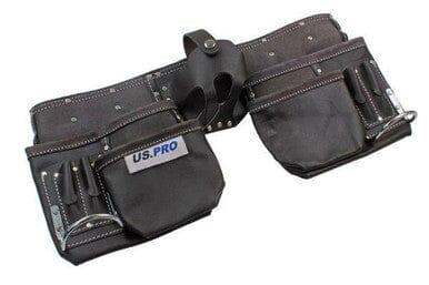 Heavy-duty leather double tool belt with 11 pockets, oil-tanned finish, and reinforced stitching